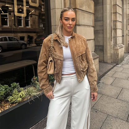 Retro-Jacke, modisch, Frühling und Herbst, lässig, lockere Tasche, langärmelig, trendig, cool, vielseitig, hochwertige Damen-Kurzjacke