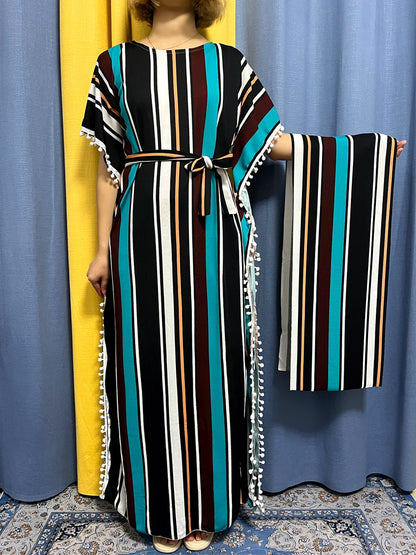 Abayas For Women 2024 Printed Vertical Stripe Tassels Elasticity Loose Fit Femme Robe African Woman Dresses With Belt Headscarf.