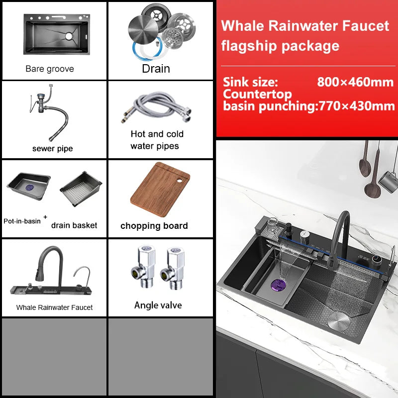 Stainless Steel Waterfall Kitchen Sink Extra Large Single Slot Multifunctional Sinks Digital Display Dishwashing Basin