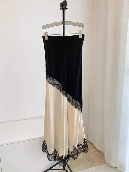 GALCAUR Hit Color Sheer Spliced Lace Elegant Skirts for Women High Waist Patchwork Split Temperament Skirt Female Fashion Style.