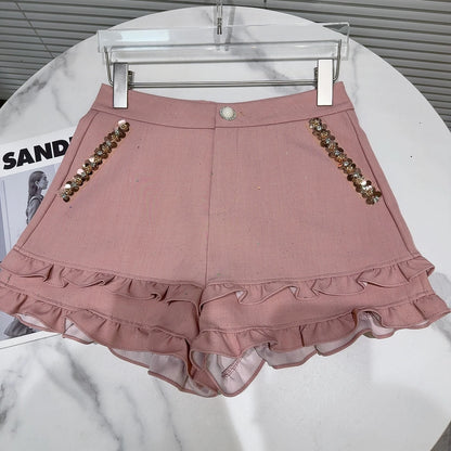 2025 Summer Clothes New Fashion Sequined Beaded Fungus Edge Pants Three-point Shorts Sweet Girls Temperament Short Pants Women