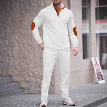 Men's new autumn style American stand-up collar button elbow patch color-block long-sleeve hoodie and pants set.