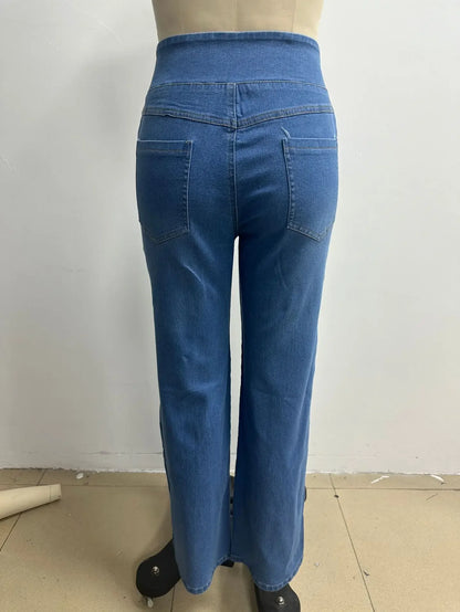 Washed Straight Leg Jeans Women's High Waist Denim Pants Comfortable Fit Long Trousers Cross-Border European Style.