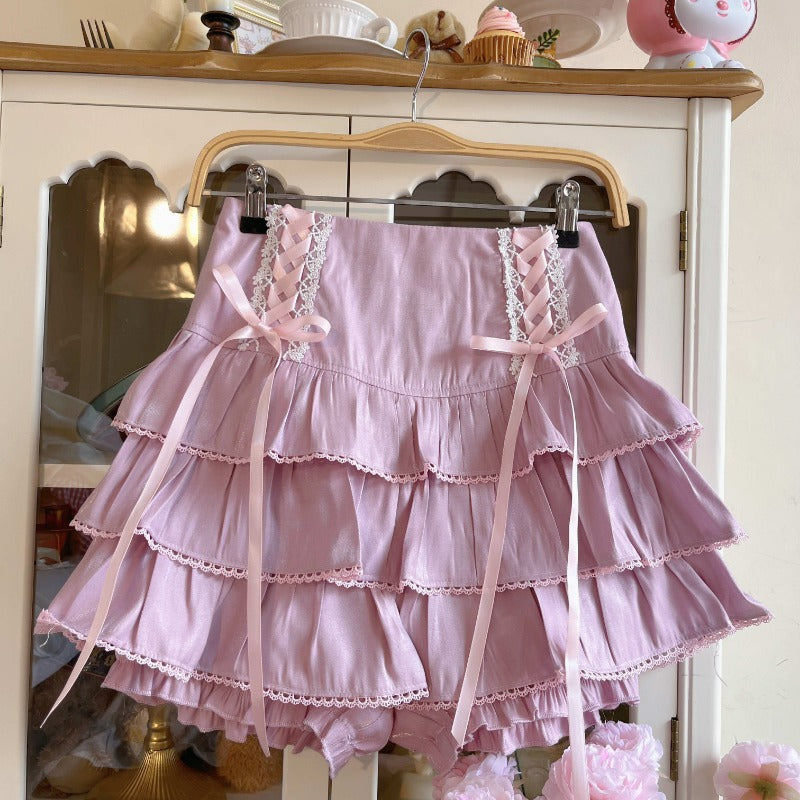 Japanese Kawaii Lolita Style Pleated Skirts Women High Waist Pink Bandage Fairy Y2k Aesthetic Skirt Cute Faldas Mujer Moda 2024