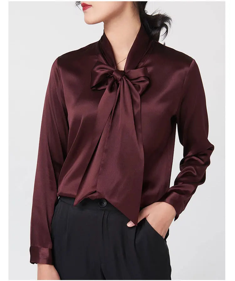 Heavyweight Mulberry Silk Shirt Women's 2025 Spring And Autumn New Long Sleeve Satin Silk Blouse V-neck Bow Ribbon Shirt.