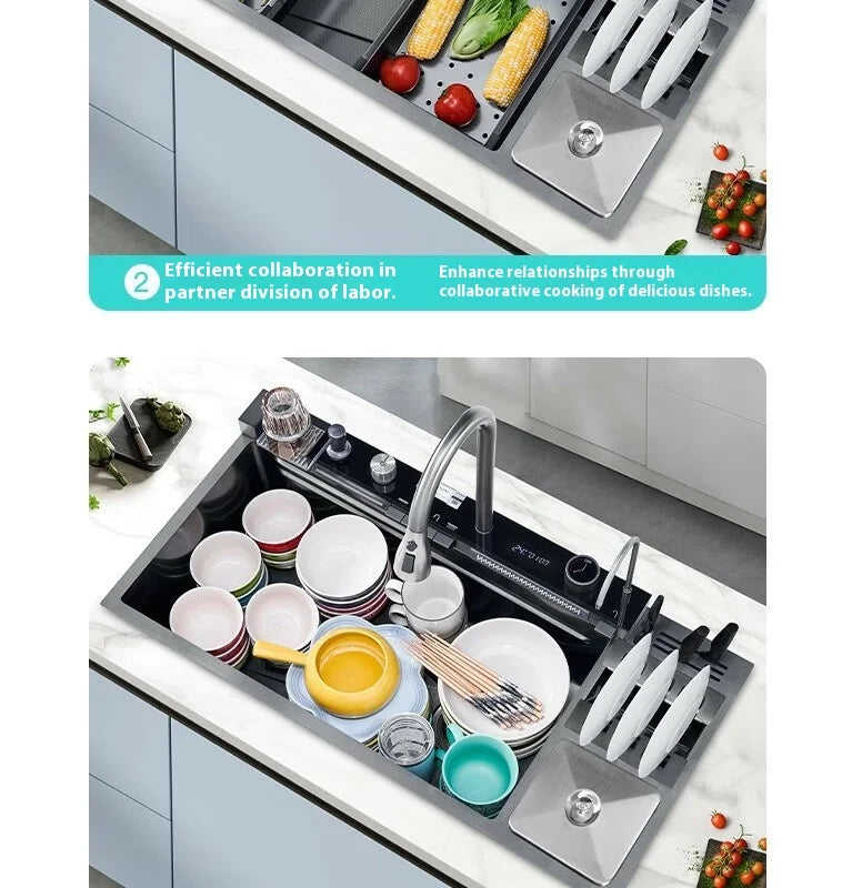 Stainless Steel Kitchen Sink Large Size Single Slot Multifunctional With Trash Can and Drain Rack Household Wash Dish Basin