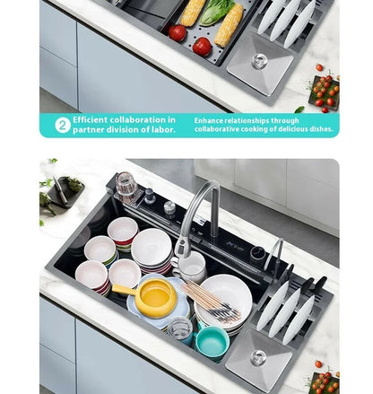 Stainless Steel Kitchen Sink Large Size Single Slot Multifunctional With Trash Can and Drain Rack Household Wash Dish Basin