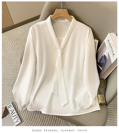 Loose Long Sleeve V-Neck Work Shirt for Women Plus Size Women's Blouses Fashion Versatile Autumn Bow Tops Trendy Business Shirts.