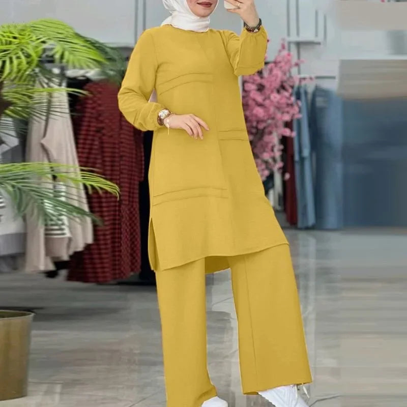 Ramadan Two Piece Sets Shirt Dress &Pants Women Muslim Suits Shirt Blouse Musulman Ensembles Moroccan Kaftan Islamic Dress Sets.