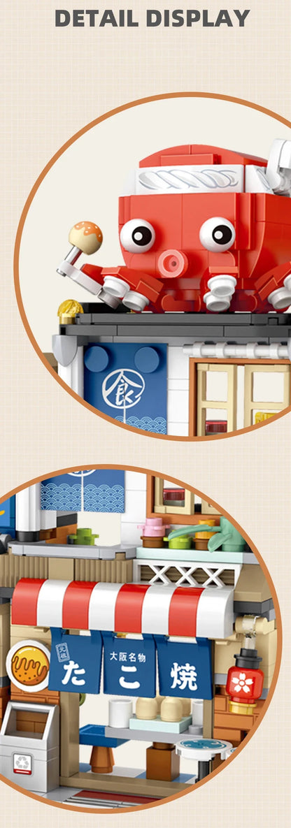 Street View Series Building blocks Izakaya Shaved Ice Shop Takoyaki Shop Coffee shop Panda Tea House model children's gift.