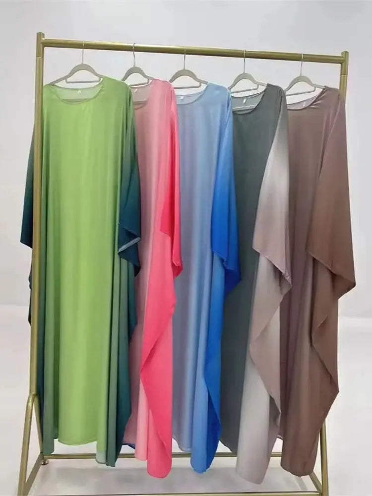 Gradient Color Shiny Batwing Satin Maxi Abaya Dubai Luxury 2024 Abayas For Women Muslim Kaftan Dress Islam Caftan Marocain Femme.