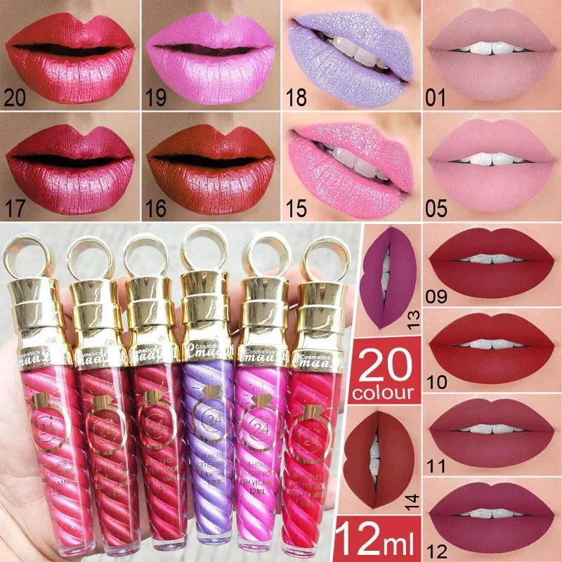 20 Colors Lipstick Waterproof Long Lasting Matte+Shimmer Mental Beauty Lip Gloss Nude Glitter Lip Gloss Beauty Sexy Lip Tint.