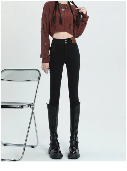 Spring Autumn 2024 New Style High-Waisted Black Jeans Women's Versatile Elastic Slimming Pencil Pants Fashionable Chinese Style.