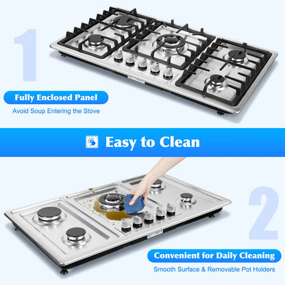 Stainless Steel Gas Cooktop with 5 Burners Electronic Pulse Ignition Built-in 3kw 2.75kw 1.75kw 1.75kw 1kw Gas Cooktop.