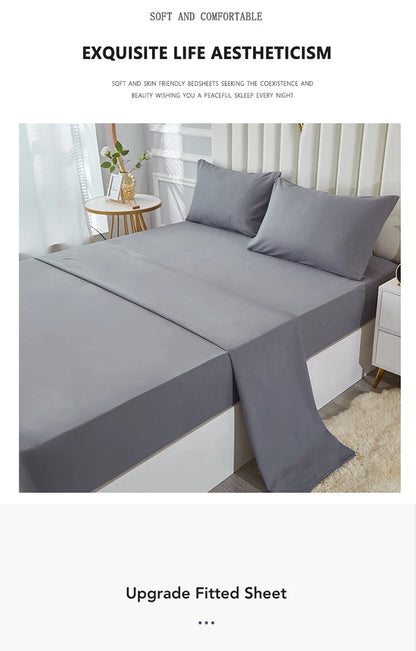 3/4pcs Solid Beding Set, Waterproof Fitted sheet & Bed Sheet & Pillowcases Soft, Queen, KIng, Full, Twin Size, White and Gray.