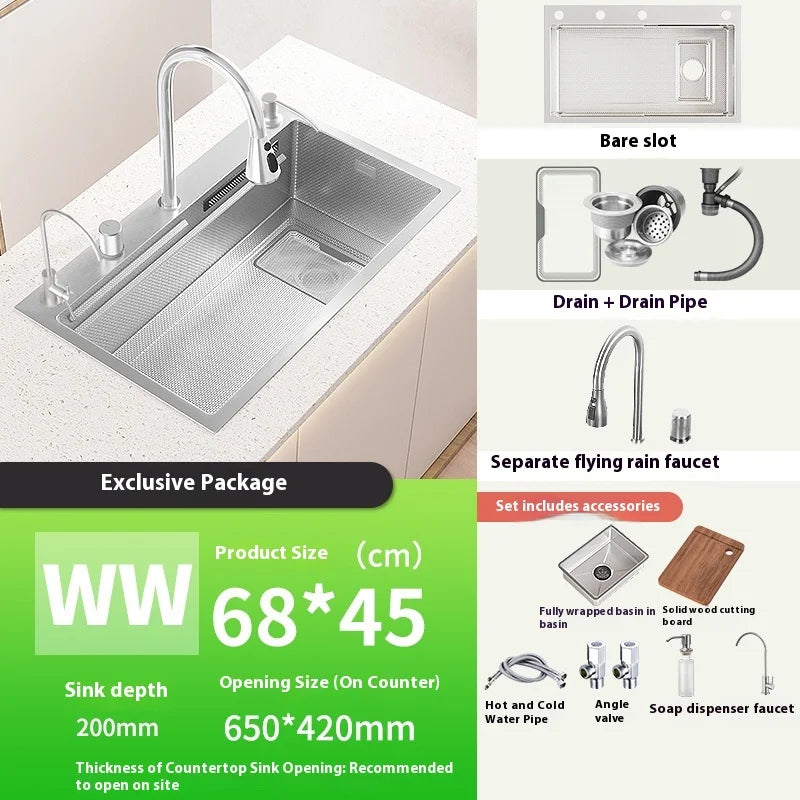 Silver 304 Stainless Steel Waterfall Kitchen Sink Multifunctional Scratch and Wear Resistant Large Single Slot Undermount Basin