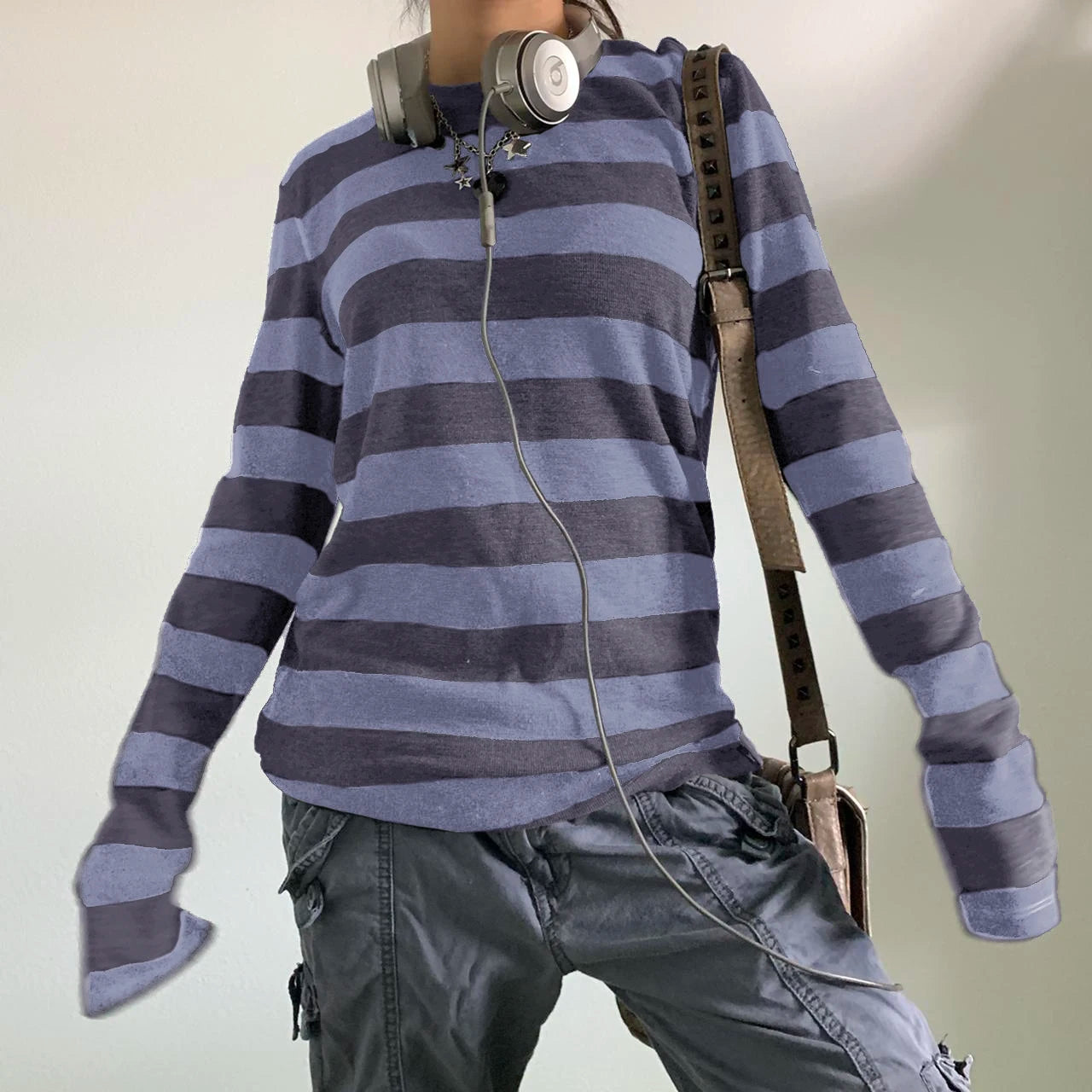 Women Fairy Grunge Knit Basic Shirt Autumn Y2K Grey Black Striped Long Sleeve Round Neck Tops Emo Tee.