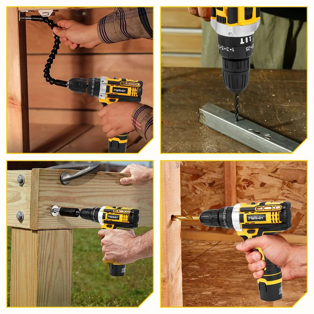MELLWIN 25 + 3 Drehmoment elektrische Bohrmaschine 12 V Akku-Bohrschrauber Elektroschrauber 2 Gang Geschwindigkeit einstellbar Mini-Elektro-Treiber-Werkzeugsatz