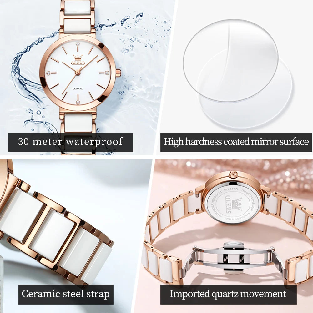 OLEVS 5877 Japan Quartz Movement Woman Watch Simple Elegant Luxury Rose Gold Ceramics Strap Waterproof Ladies Dress Wristwatch.