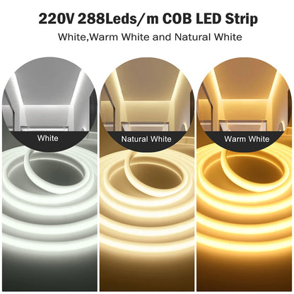 220V Dimmable COB LED Neon Strip Light Dimmer Switch Plug Kit Waterproof 288 LED Flex Tube Lamp Hight Bright Warm/Natural White.