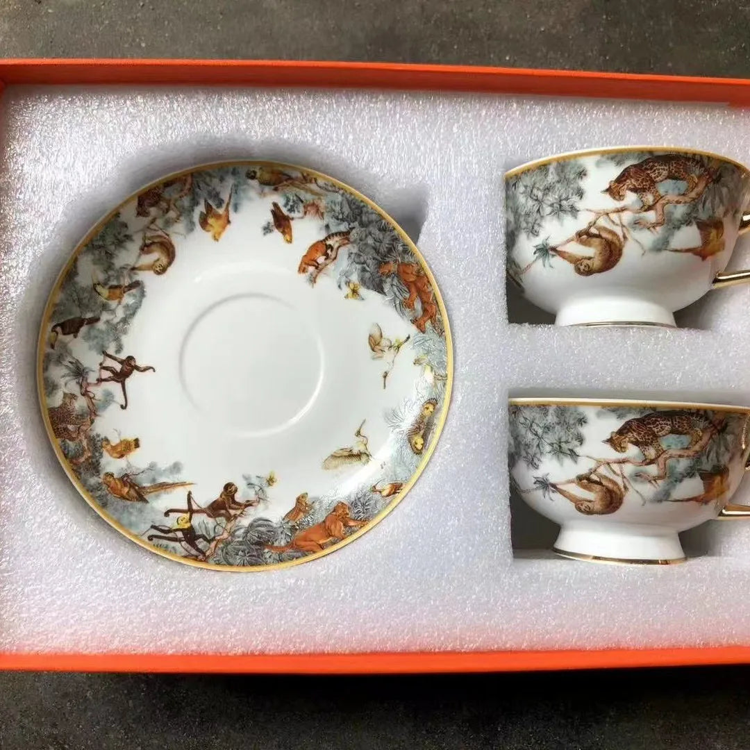 Red, Blue, Gray Tiger Series  Animal Images Bone Porcelain Coffee Cup Plate European Afternoon Tea Cup and Saucer Set Gift Box