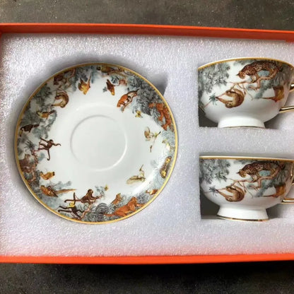 Red, Blue, Gray Tiger Series  Animal Images Bone Porcelain Coffee Cup Plate European Afternoon Tea Cup and Saucer Set Gift Box