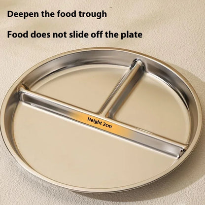 23CM Creative Round Stainless Steel 3 Grid Durable Dinner Plate Serving Tray For Kids Student Quantitative Proportion Meal Plate.