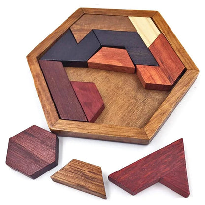 Classical Hexagon Tangram Puzzle Wooden Brain Teasers For Kids Logic Thinking Games Casse Tete Rompecabezas De Madera.