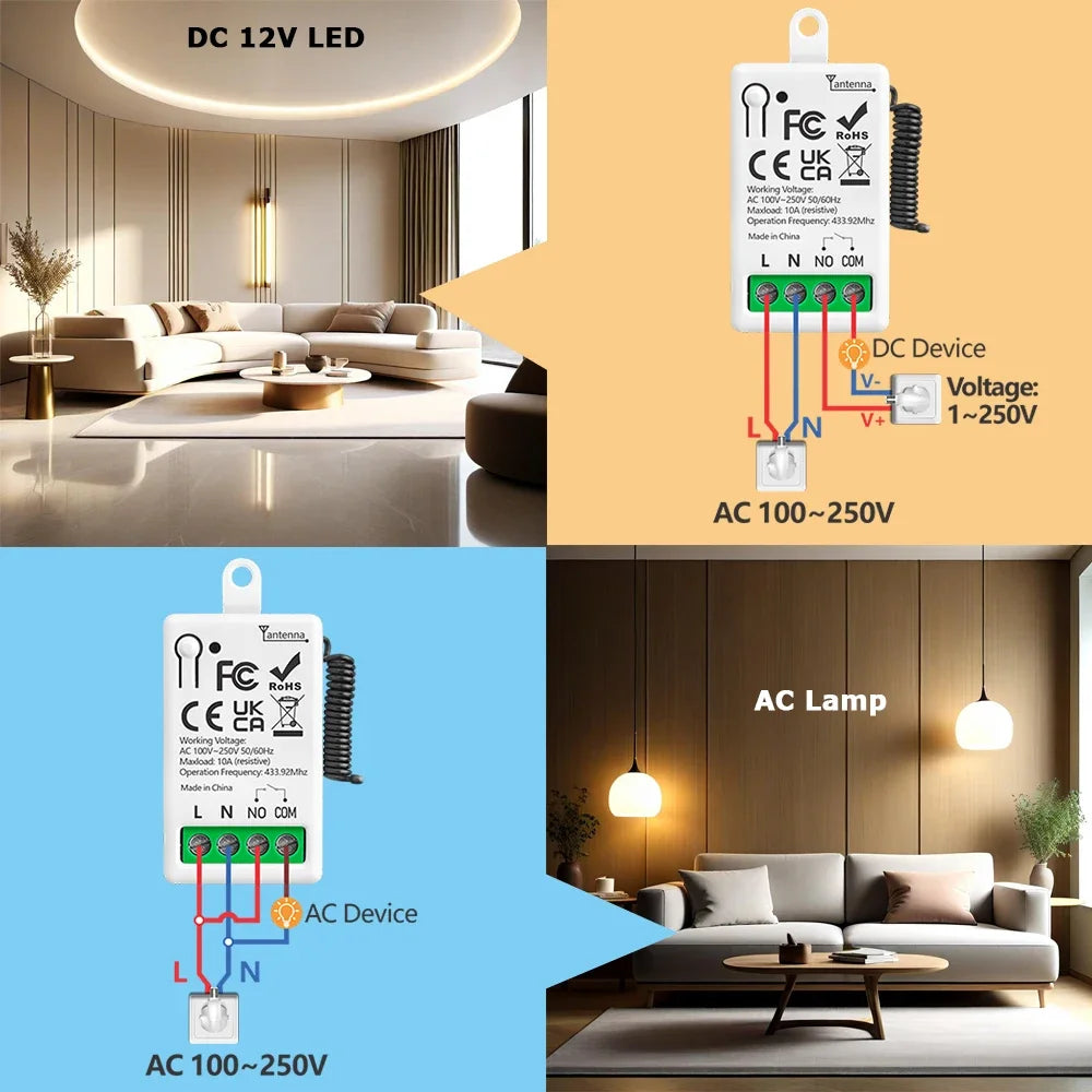 433 MHz intelligenter Lichtschalter AC 110 V 220 V Empfänger und 1/2/3 Gang 86 kabelloser Drucktastenschalter, Übertragung 50 m für Heimwerker.