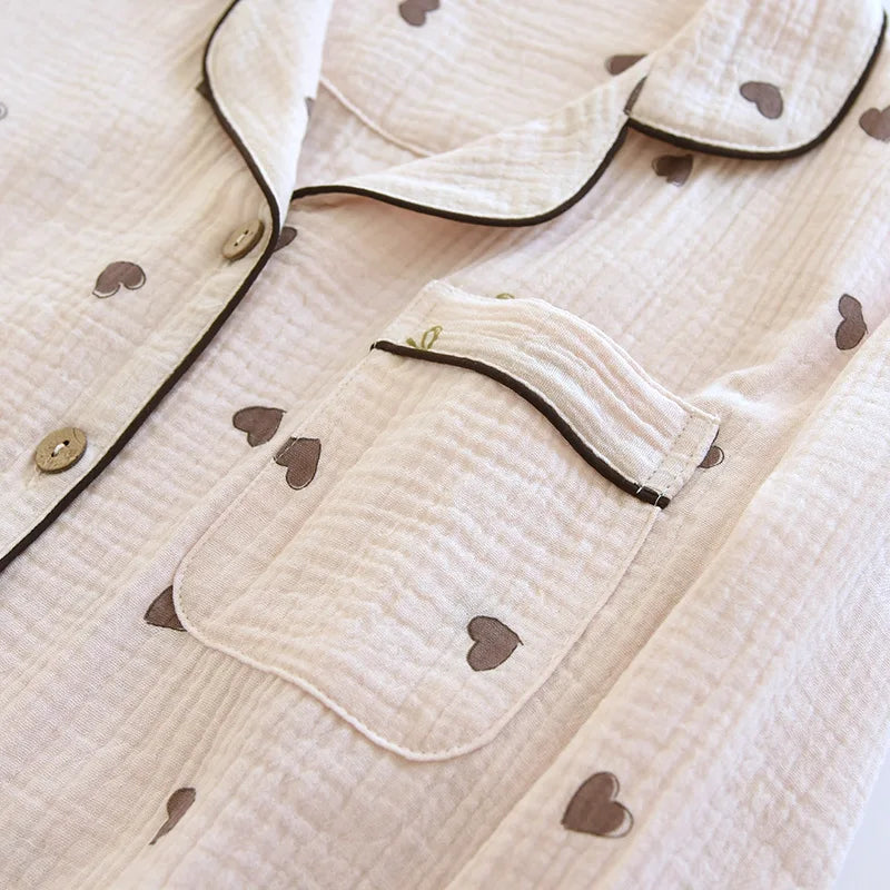 2025 neue Frühjahr/Sommer frauen Pyjama Set 100% Baumwolle Crepe Nette Liebe Langarm Lange Hosen Zwei Stück set Strickjacke Hause Kleidung.