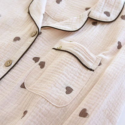 2025 neue Frühjahr/Sommer frauen Pyjama Set 100% Baumwolle Crepe Nette Liebe Langarm Lange Hosen Zwei Stück set Strickjacke Hause Kleidung.