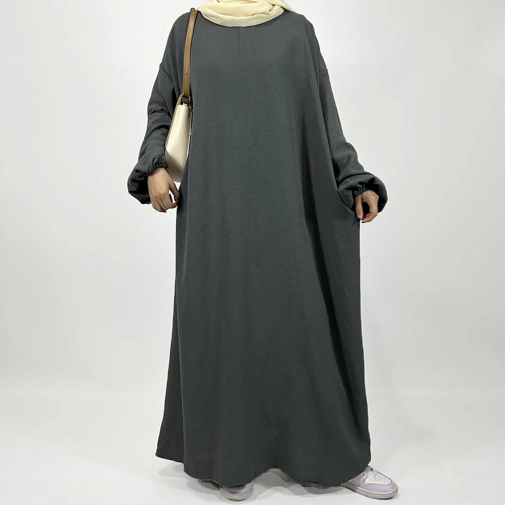 Straight Cut Crepe Abaya with Pockets Modest Elastic Cuff Loose Fitting Ramadan Islamic Dubai Luxury Muslim Women Kaftan Dress.