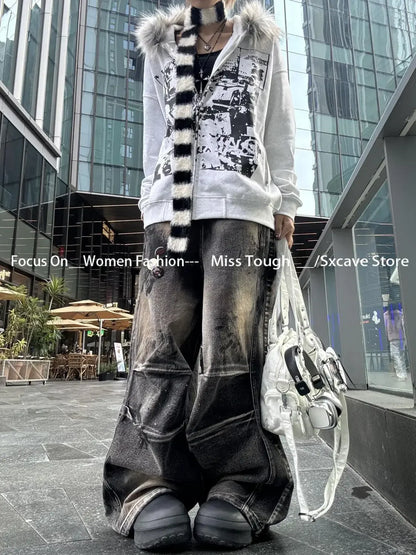 Korean Fashion Sweatshirts Harajuku Gothic Printed Coats Jackets Subculture Vintage Faux Fur Hooded Women Casual Y2k Clothing.