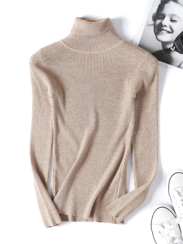 Neue Herbst Winter Frauen Gestrickte Rollkragenpullover Casual Weiche Polo-neck Jumper Mode Schlanke Elastizität Solide Rippen Pullover.
