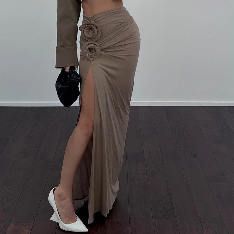WhereMery Vintage Flower Applique High Split Long Skirt Sexy High-waist Ruched Solid Slim Skirts 2025 Casual Women's Short Drees
