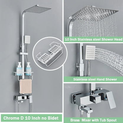 Rainfall Bathroom Shower Faucet Kit With Bidet Wall Mounted Stainless Steel Hot Cold Water Mixer Tap System With Rack,Tub Spout