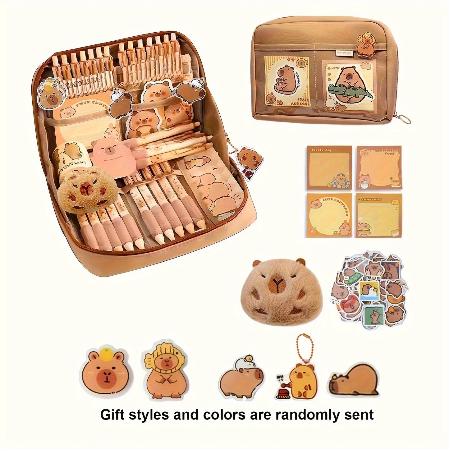 17-teiliges Capybara-Briefpapier-Set, süßes Capybara-Federmäppchen, mehrschichtige Schul-Bleistiftbox mit Aufklebern, Schlüsselanhänger, Brosche.