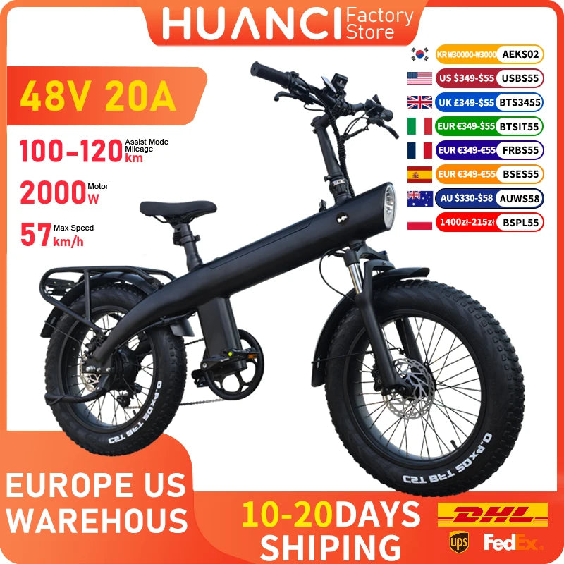 HUANCI Q3 Mountain Electric bicycle 2000W 60KM/H removable battery electric bike 48V 20AH Ebike 20Inch fat tire Off-Road e bike.