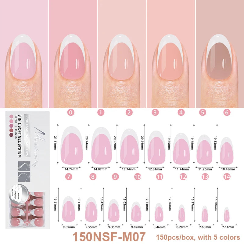 150Pcs/Box Acrylic Press on Nails Full Cover Fake False Tips Soft Gel Extension T-shaped Oval Capsule Almond Sculpted Salon DIY