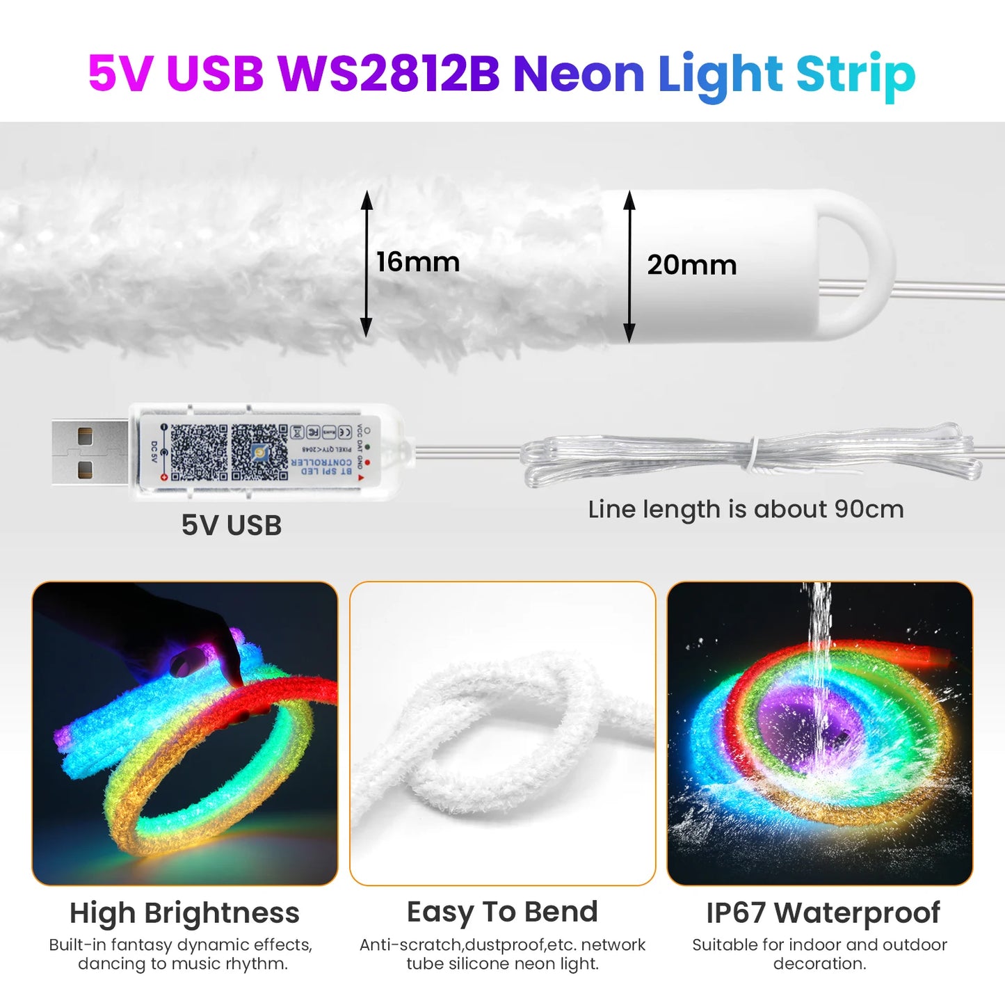 DC5V USB RGB LED Round Neon Light Strip Music Sync Control with App/Remote Addressable Lamp IP67 Waterproof for Indoor Outdoor.