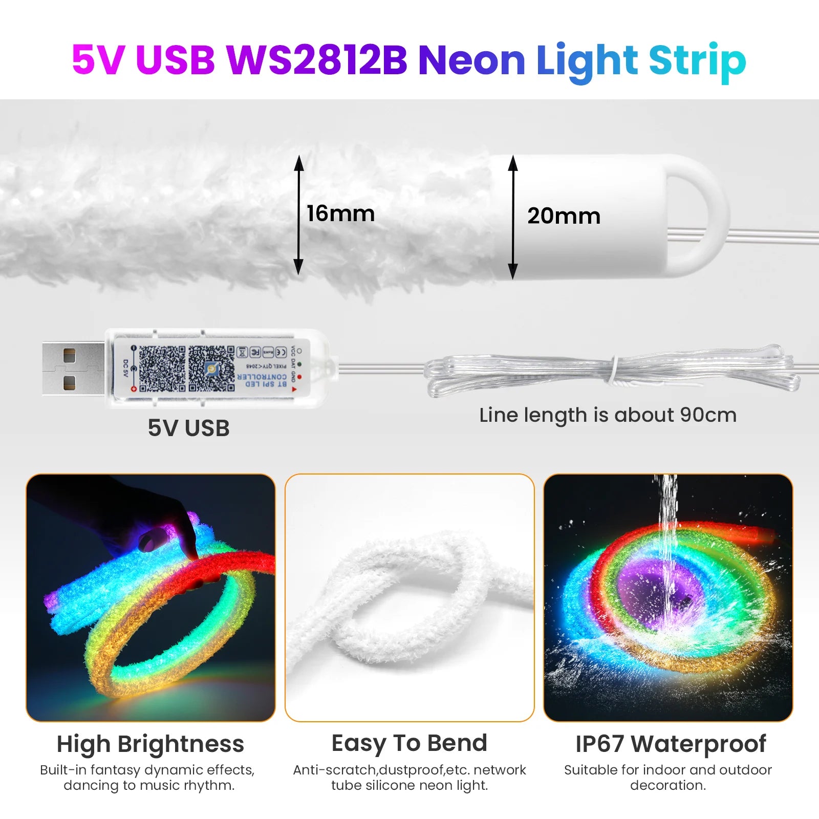 DC5V USB RGB LED Round Neon Light Strip Music Sync Control with App/Remote Addressable Lamp IP67 Waterproof for Indoor Outdoor.
