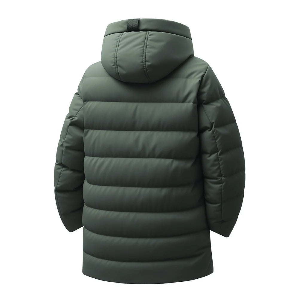 New Winter Men's Mid-Length Cotton-Lined Coat Business-Casual Windproof Warmth Fashionable Hooded Jacket Stylish Menswear.