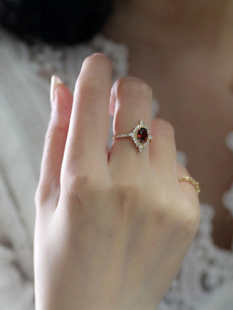 LAMOON Vintage Gemstone Ring Natural Garnet Rings For Women 925 Sterling Silver K Gold Plated Crystal Wedding Engagement RI182.