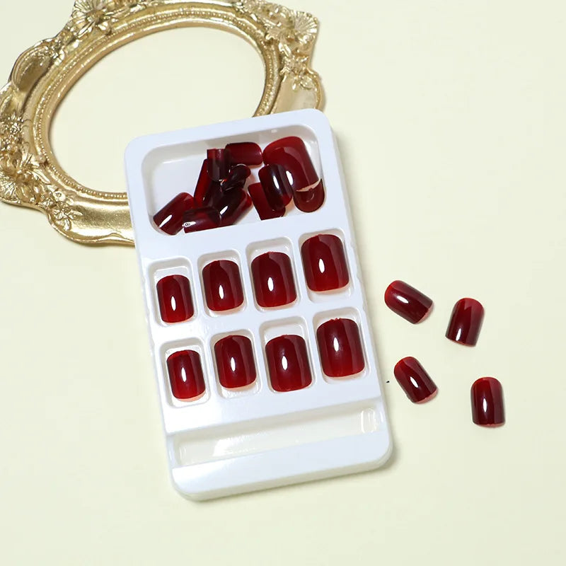 24Pcs Solid Color Wine Red Design Press on Nail Short Square False Nails Simple Detachable Finished Full Cover Nail Tips.