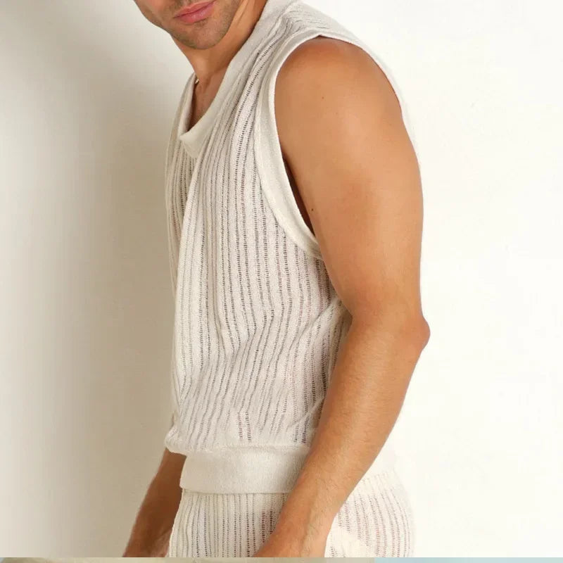 Mens Sets Summer New Wild Solid Color Casual I-shaped Vest Shorts Suit for Men.