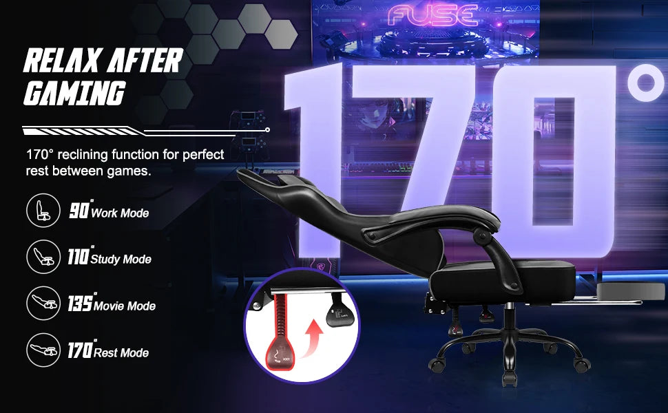 AUTHMIC Ergonomischer Gaming-Stuhl mit 170er °   Liegende Rückenlehne, faltbare Fußstütze, weiche Armlehnen, 150 kg, atmungsaktives Material