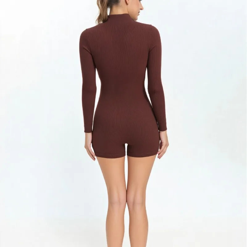 Seamless Ribbed Knit Bodysuit Women Zip Up Stand Collar Long Sleeve Thumbhole Yoga Romper Winter Thermal Workout Outfit.