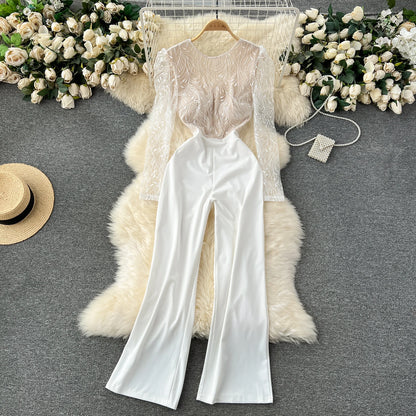 Light Luxury Elegant Women White Backless Jumpsuits Temperament O-neck Puff Long Sleeve Embroidery Female Playsuits.