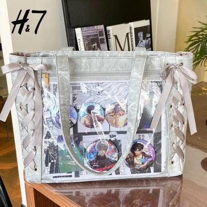 New Versatile Fashion Ribbon Itabag Large Capacity Green Large Food Anime Millet Bag Daily One Shoulder Tote Bag.