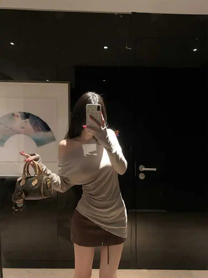 Sexy Long Sleeve T-Shirt Shoulder Bared Waist Cinched Slim Fit Knitted Cotton Solid Color Casual Urban Style for Early Autumn